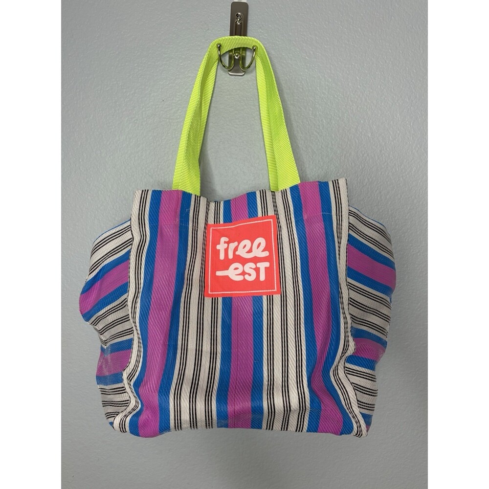 Free People Free-est Striped Tote Bag Pink, Blue and White with Pink Logo